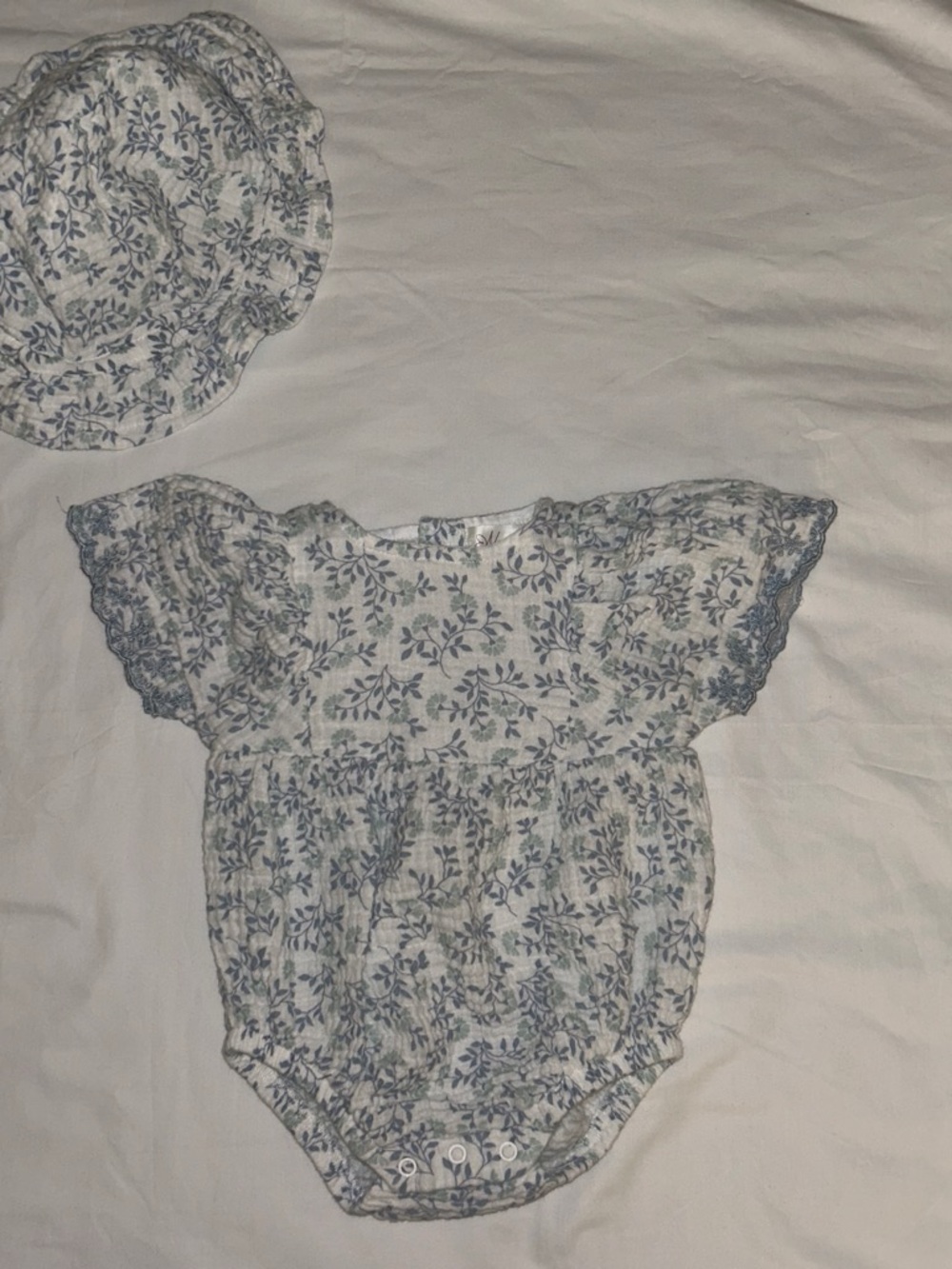 Nannette Blue Floral Ruffle Sleeve Baby Romper with Hat